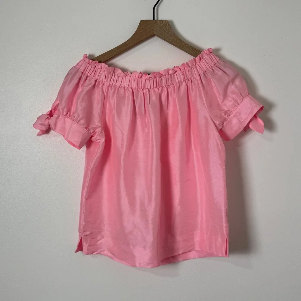 J Crew 100% Silk Blouse Womens 0 Pink Off Shoulder Coquette Feminine Romantic